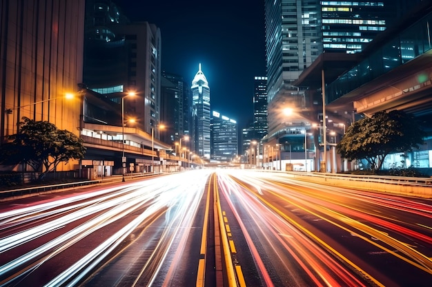 Time lapse photography of fast moving vehicle lights at night in city