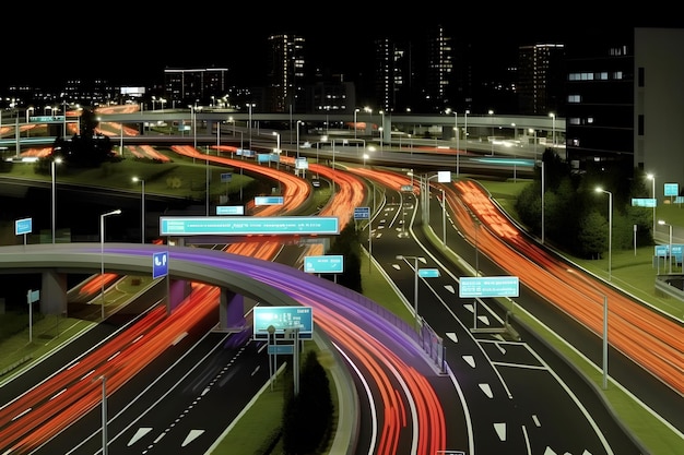 Time lapse photography of fast moving vehicle lights on the roads of the city