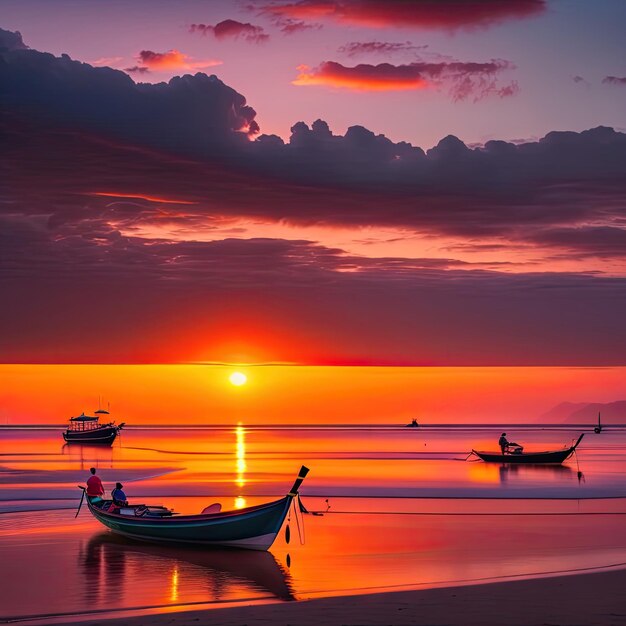 Time lapse of silhouette fishing boat and unidentified people against sunset sky at Chao Lao Beach