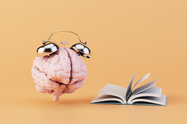 Time to learn a brain with an alarm clock next to an open book on a pastel background 3D render