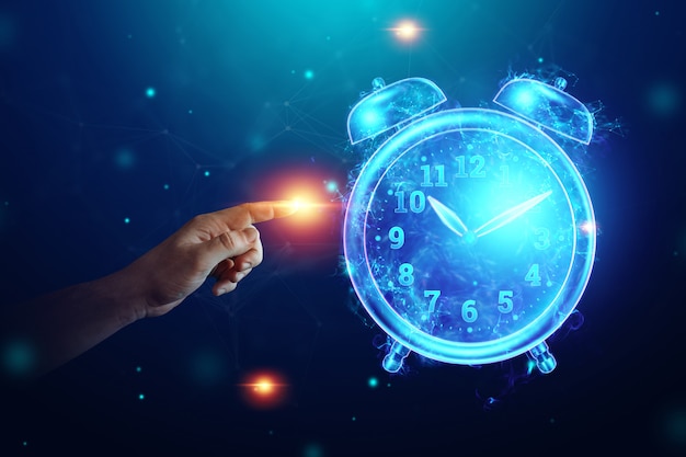 Time management concept, alarm clock hologram image.  Copy space.