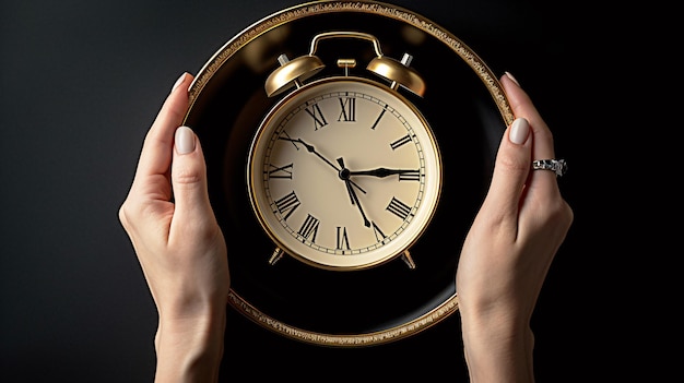 Фото Концепция управления временем человек, держащий часы в руках на черном фоне генеративный ии