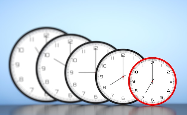 Time Management Concept. Round Modern Office Clocks on a blue background