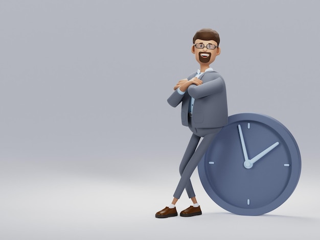 写真 時間管理の概念 タスク期限の概念 大時計を持ったビジネスマンの漫画のキャラクター