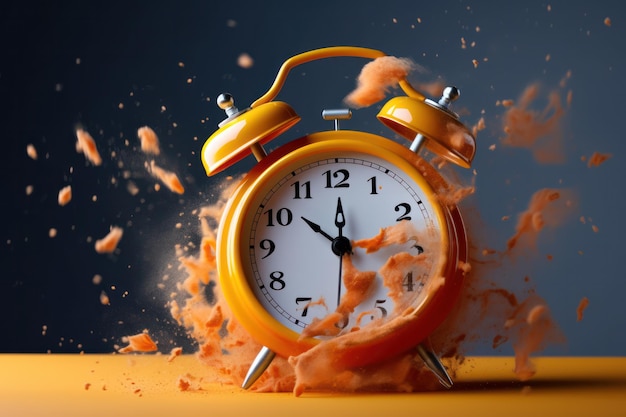 Time running out orange retro alarm clock disintegrating into particles of dust fading away red