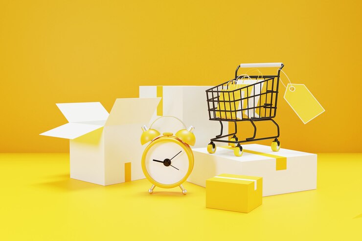 Photo 알람 시계와 함께 shoppings 개념에 대 한 시간입니다. 3d 렌더링.