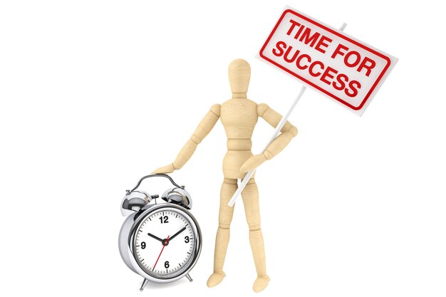 Time For Success Concept. Wooden Dummy with banner and alarm clock on the white background