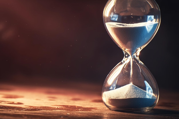 Время тик-так Современные песочные часы на деревянном столе
