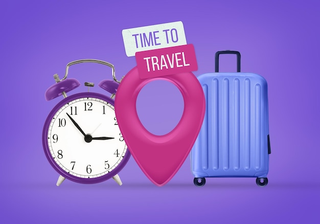 Time to travel banner Trip banner with travel bag location pin alarm clock on purple background