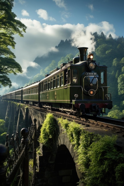 Time Travel the charming nostalgia of a vintage train through the mountains generative IA