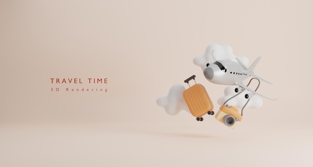 Time to travel concept in 3d cartoon style with suitcase and travel accessory3D rendering