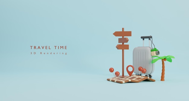 Time to travel concept in 3d cartoon style with suitcase and travel accessory3D rendering