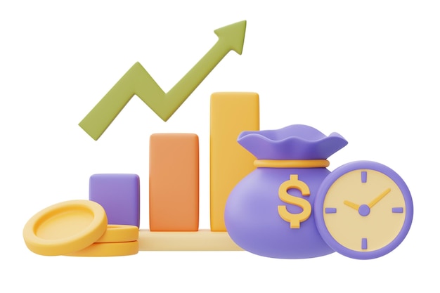 Time value of money concept with clockgraph and coin stackstime managementlong term investmentpayment deadline3d rendering