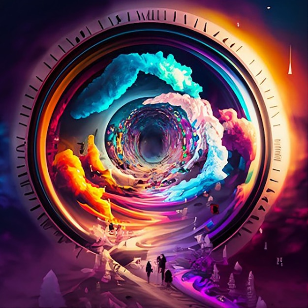 A time warp swirling colors and shapes creating a portal to the past