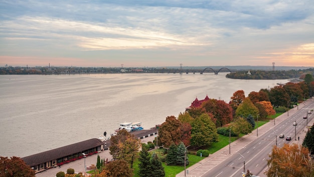 Timelapse 4k sunrise of cityscape big city Dnipro of Ukraine popular tourist attractions in Ukraine