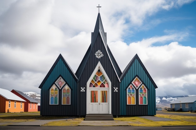 Foto timelapse di una chiesa di legno nera di fronte a una catena montuosa a budir islanda