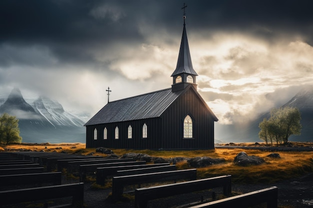 Timelapse of a black wooden church in front of a mountain range in Budir Iceland