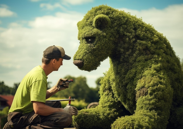 A timelapse image of a gardener sculpting a topiary into the shape of an intricate animal