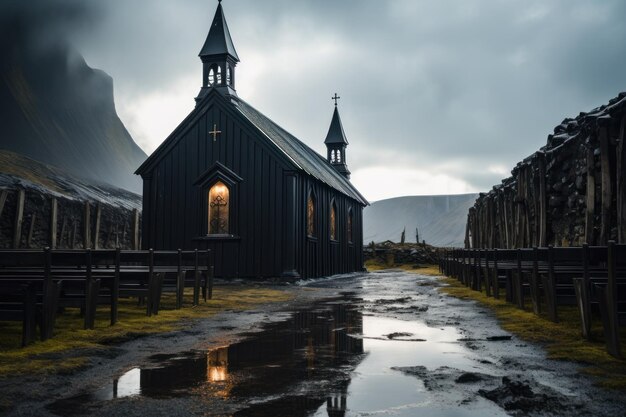 Timelapse van een zwarte houten kerk voor een bergketen in Budir, IJsland