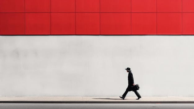 시대를 초월하는 예술적 작품 빨간 벽을 향해 걸어가는 서류 가방을 들고 있는 남자