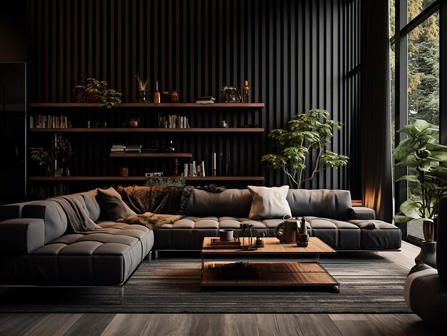 Timeless black living room offering a sleek ambiance AI Generative