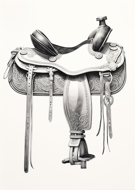Foto fotografia senza tempo in bianco e nero di una sella da cowboy su bianco a. generativo