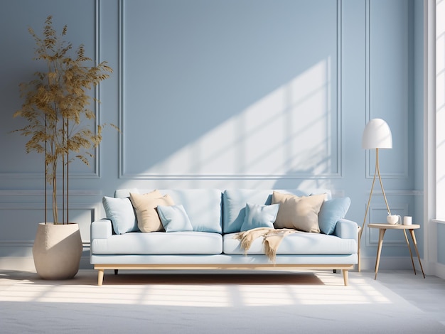 Timeless blue living room featuring natural decor AI Generative