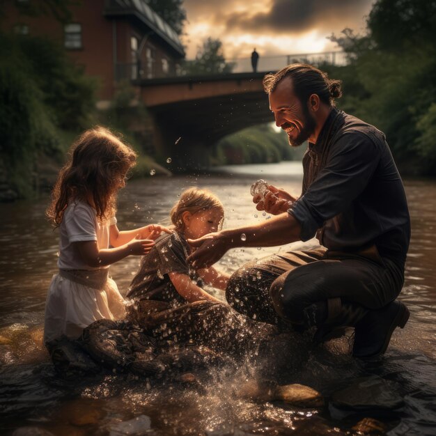 Timeless Bond A Father's Playful Adventure with his Son and Daughter in the River