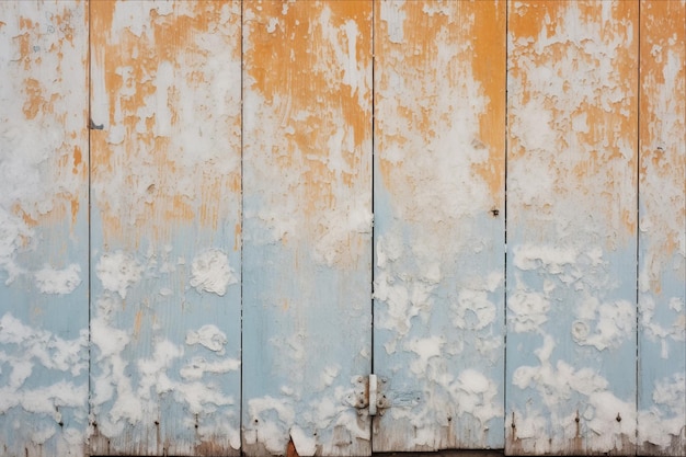 Timeless Charm A Snowy Street Scene with Ancient Blue Wooden Door and Aged Textured Surfaces