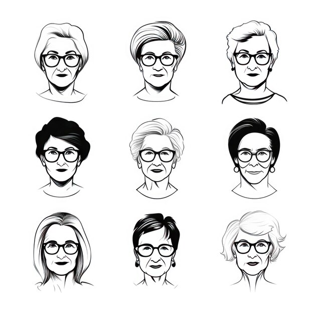 A Timeless Collection 9 Minimalistic and Elegant Black White Icons Depicting Women of Different A