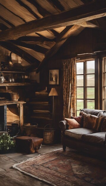 Photo timeless comfort a journey through the cozy interior of the vintage farmhouse