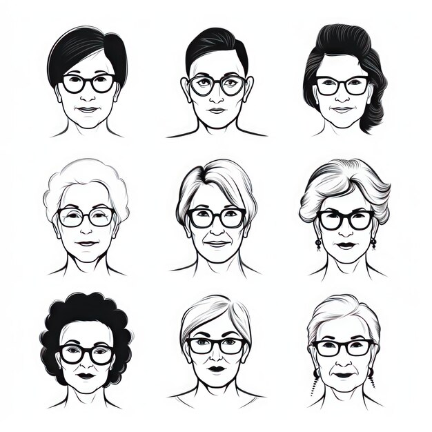 Timeless Elegance A Collection of 9 Minimalistic Black and White Icons Depicting Women of Different