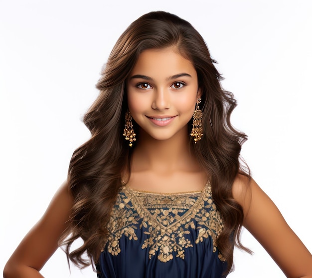 Вечная элегантность, воплощенная индийской девушкой-подростком в темно-синей лехенге с золотыми мотивами, которая очаровывает.