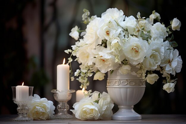 Foto eleganza senza tempo tenitori di candele incantevoli e delicato bouquet bianco in un vaso grazioso