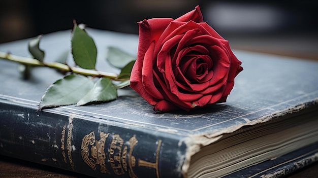 Photo timeless elegance red rose resting on the cover of a vintage ornate book