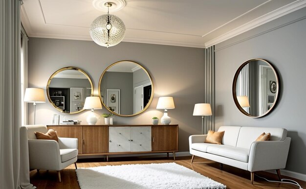 Premium AI Image  Timeless Elegance Retro Interior Design with Round Mirrors and Lamp