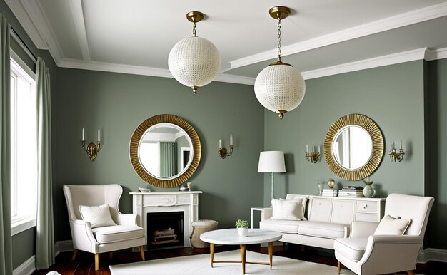 Premium AI Image  Timeless Elegance Retro Interior Design with Round Mirrors and Lamp