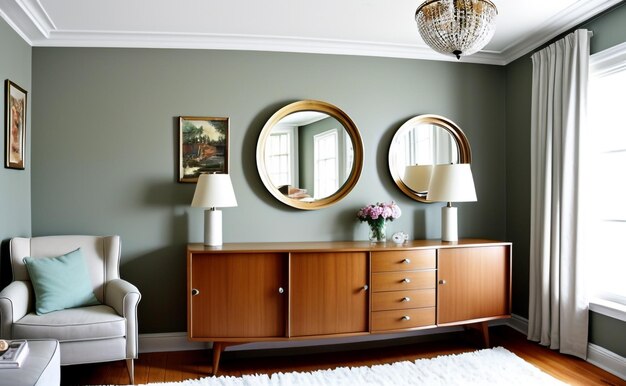 Premium AI Image  Timeless Elegance Retro Interior Design with Round Mirrors and Lamp