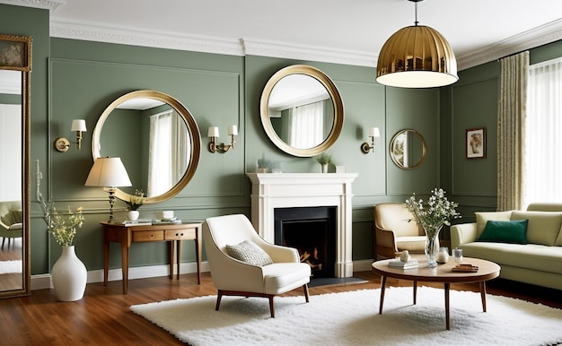 Premium AI Image  Timeless Elegance Retro Interior Design with Round Mirrors and Lamp