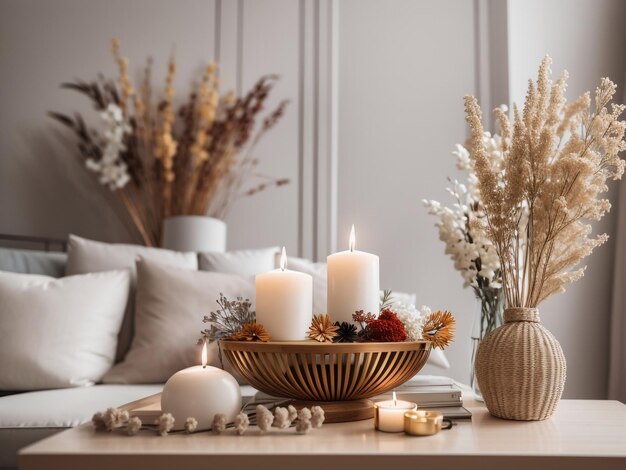 Photo timeless elegance stylish wooden console adorned with dried flowers boho chic