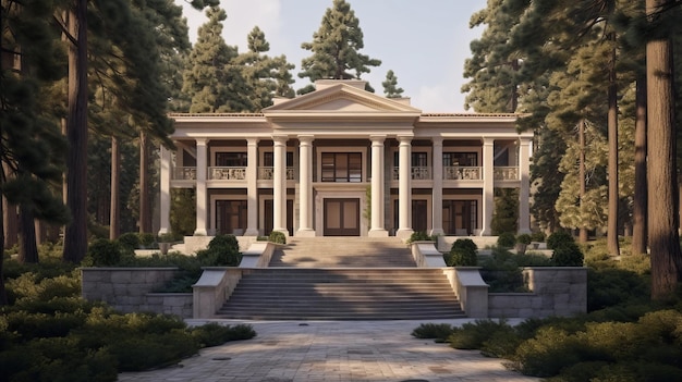 Photo timeless elegance a vraytraced mansion on pillars with greek a