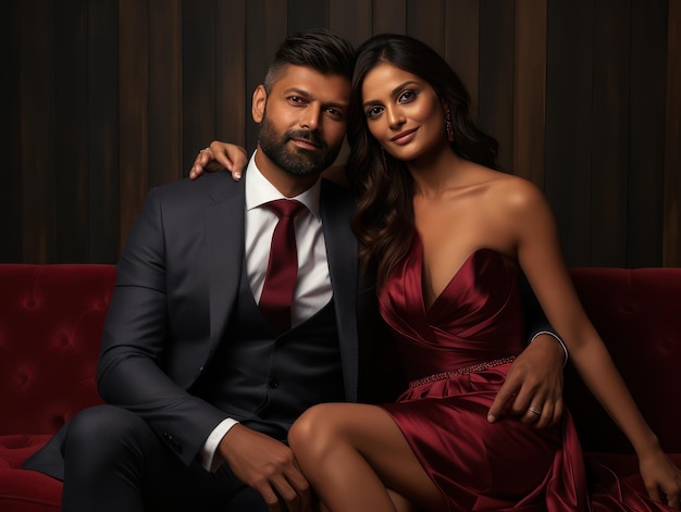 Timeless fashion with Indian couple in gray suit and blush pink gown in commercial shoot