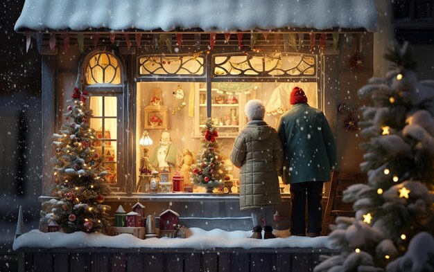 Timeless Joy Elderly Pair Reminisces Watching Children's Snowy Play Vintage Christmas Adornments