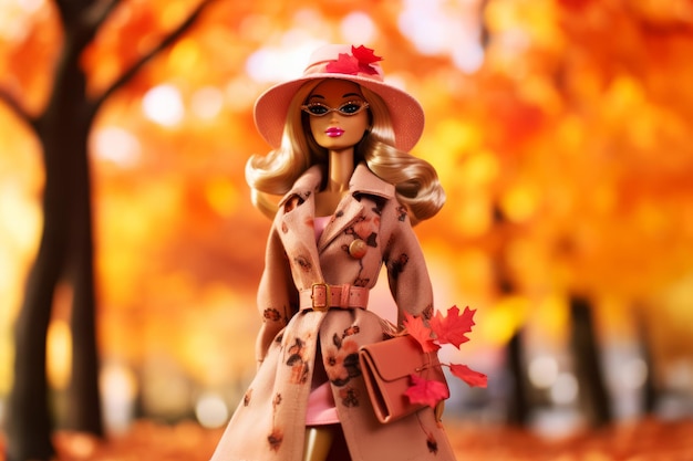 Timeless lady doll wearing glasses hat and autumn coat walking in part