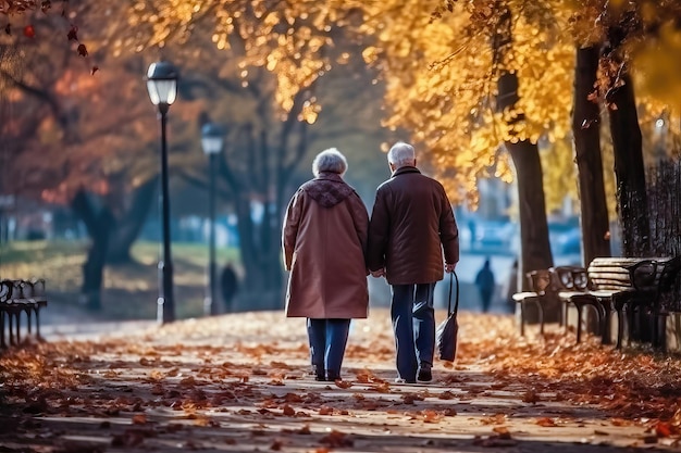 Timeless Love Elderly Couple's Autumn Park Excursion Generative AI