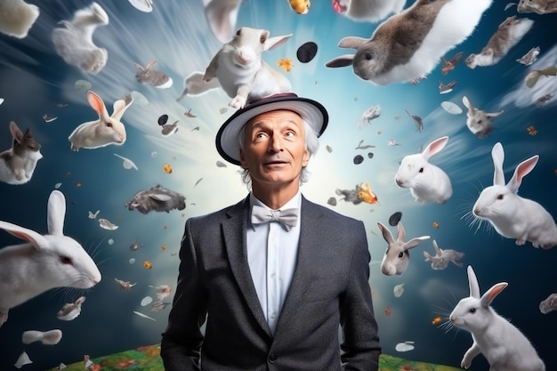 The Timeless Performance A Captivating Collage of an Elegant GrayHaired Gentleman Conjuring Rabbit