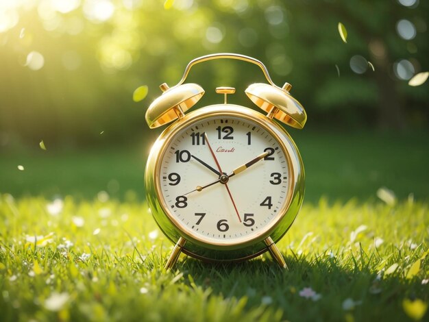 Foto timeless tranquility retro alarm clock sull'erba alla luce del sole