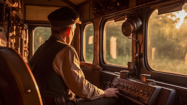 Foto trasporto senza tempo una locomotiva storica in azione con un ingegnere esperto ai controlli ia generativa
