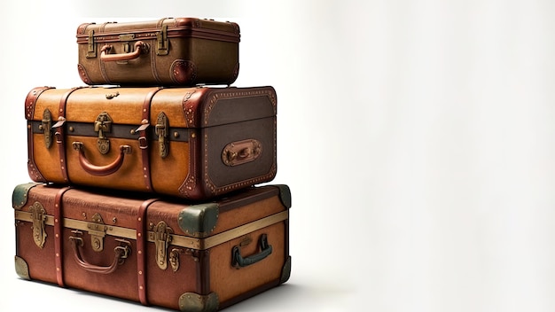 A Timeless Treasure A Pile of Vintage Suitcases Isolated on a White Background