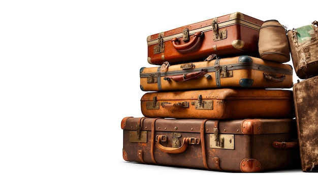 A Timeless Treasure A Pile of Vintage Suitcases Isolated on a White Background